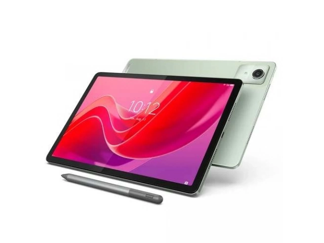 Tablet Lenovo M11 gris con accesorios compatibles como funda y lápiz óptico (si aplica).