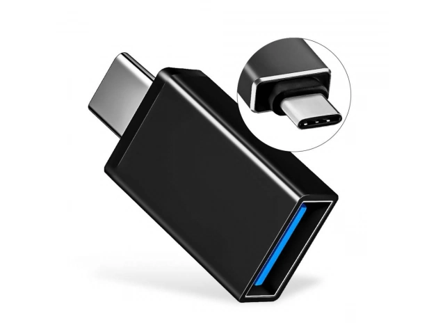 Adaptador Aukey OTG con conector USB Tipo-C macho a puerto USB 3.0 hembra, color negro/gris, alta velocidad, disponible en Avlis Uruguay.