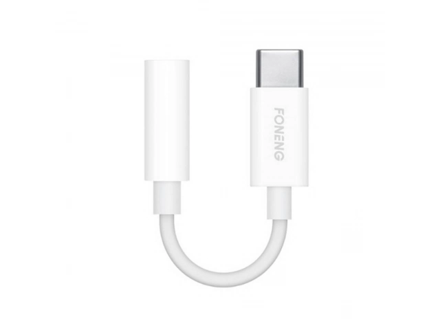 Adaptador Foneng BM21 de USB Tipo-C a jack de audio 3.5mm en color [Blanco/Negro], para conectar auriculares y dispositivos de audio. Disponible en Avlis Uruguay.
