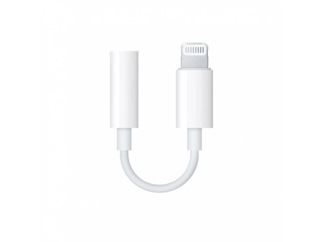 Adaptador original Apple Lightning a jack de audio de 3.5mm, color blanco, para iPhone y iPad, disponible en AVLIS Uruguay.