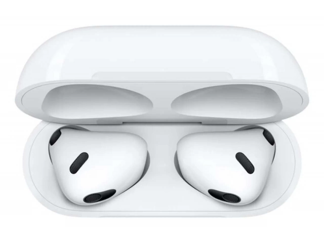 Detalle del sensor de fuerza en los Apple AirPods 3ra generaci&oacute;n (MPNY3AM/A), disponibles en Avlis Uruguay.