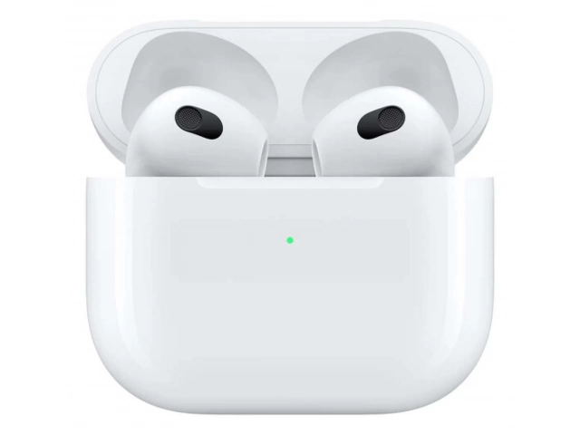 Apple AirPods 3ra generación (MPNY3AM/A) con estuche de carga Lightning, vista frontal, disponibles en Avlis Uruguay.
