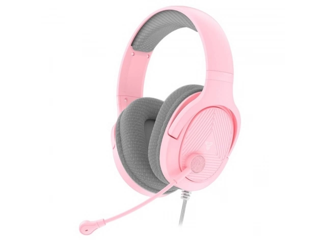 Vista frontal del auricular Fantech MH88 Sakura Edition en color rosa, con micrófono plegable y diseño ergonómico.%u200B