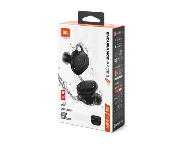 Packaging original del JBL Endurance Race 2 Black, incluye estuche, cable de carga y manual de usuario.