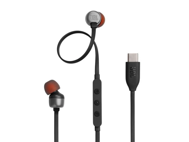 Auriculares JBL Tune 310C Black vistos de frente, diseño in-ear moderno y discreto