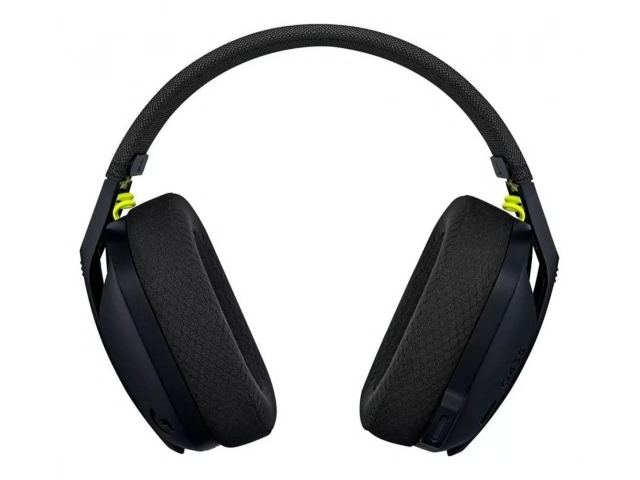 Vista frontal de los auriculares inalámbricos Logitech G435 en color negro y amarillo fluorescente, ideales para gaming.%u200B
