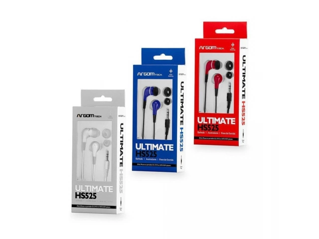 Empaque original de los auriculares Argom HS525, mostrando presentación y accesorios incluidos.