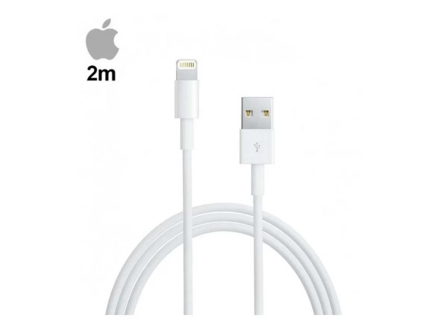 Cable original Apple Lightning de 2 metros conectado a un iPhone, mostrando su comodidad y longitud, Avlis Uruguay.