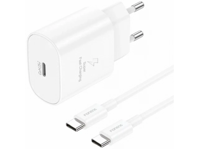Cargador rápido Foneng EU51 25W USB-C PD en acción cargando un iPhone con el cable USB-C a Lightning incluido. Eficiencia y velocidad. Avlis