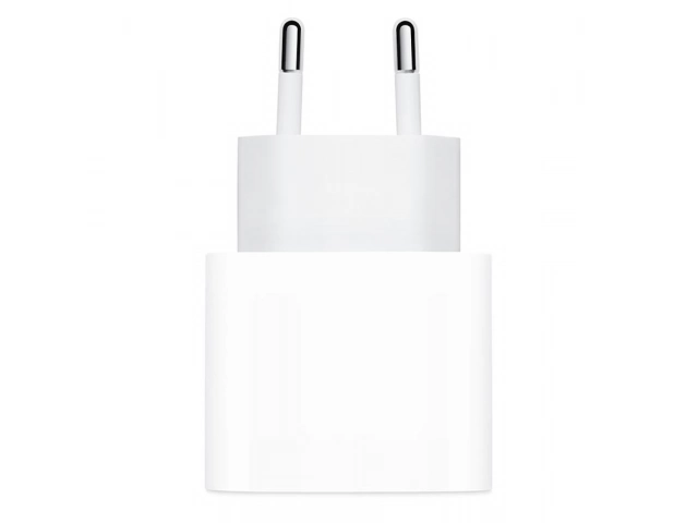 Cargador original Apple de 20W con puerto USB-C y enchufe de pata redonda, ideal para carga rápida de iPhone y iPad. Producto genuino en Avlis Uruguay.