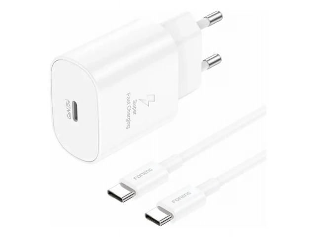 Cargador de pared Foneng EU51 color blanco, con puerto USB Tipo C y 20W Power Delivery para carga rápida. Sin cable. Disponible en Avlis Uruguay.