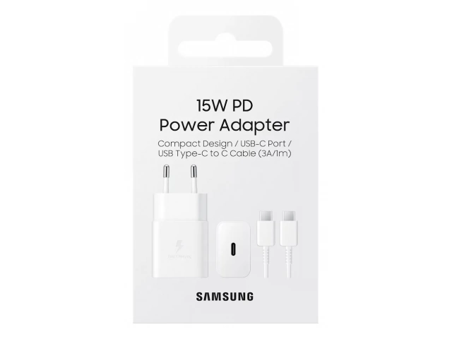 Cargador de pared Samsung original USB-C de 15W en color blanco (sin cable). Para carga rápida de dispositivos Galaxy. Avlis Uruguay