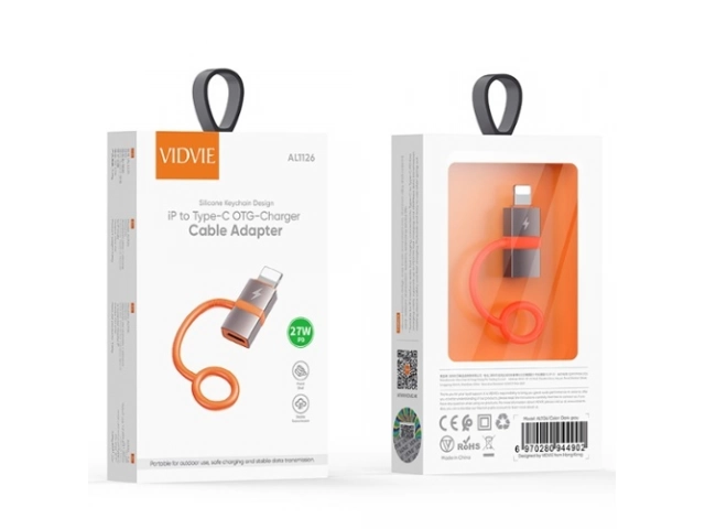 Demostración de cómo un cable Lightning se conecta firmemente al adaptador Vedvie AL1127.
