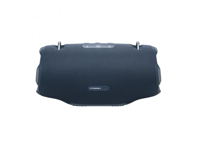 JBL Xtreme 4 Blue con su correa para el hombro en color azul, facilitando su transporte y uso en movimiento