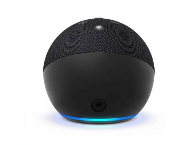 Vista trasera del Echo Dot 5ta Generación charcoal, exhibiendo las conexiones de alimentación y audio.