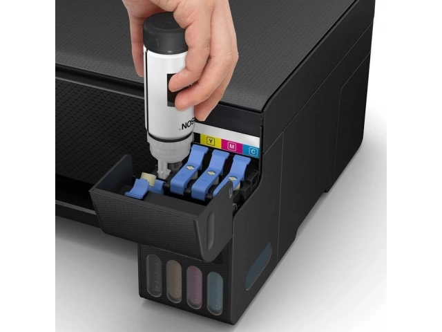 Sistema de tanques de tinta EcoTank de la Epson L3210, mostrando el fácil rellenado y ahorro en tinta, en venta en Avlis Uruguay