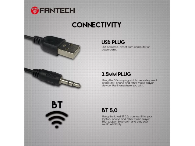 Detalle de conectividad USB y Bluetooth en los altavoces Fantech GS301.