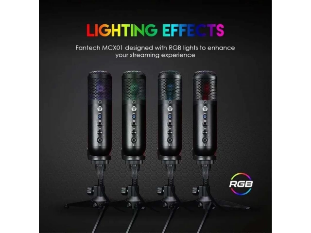 Detalle del botón de silencio táctil, iluminación RGB, puerto de monitoreo de auriculares y trípode del micrófono Fantech Leviosa MCX01. Calidad profesional en Avlis.