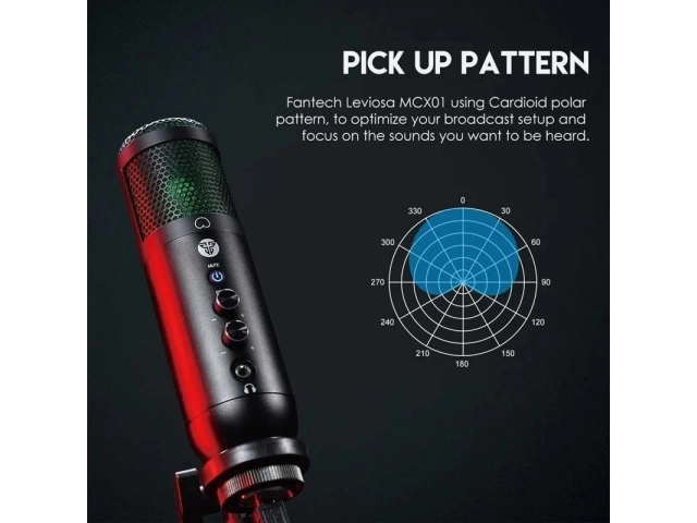 Micrófono Fantech Leviosa MCX01 con iluminación RGB en un setup de streaming o gaming, mostrando su diseño moderno y profesional. Comprá en Avlis Uruguay.