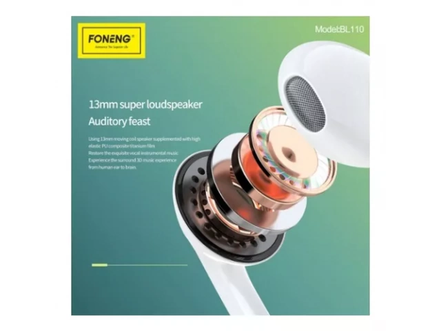 Contenido del paquete de los auriculares Foneng BL110: auriculares, estuche de carga y cable.