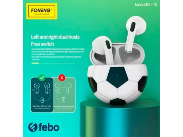 Empaque original de los auriculares Bluetooth TWS Foneng BL110 con diseño de balón de fútbol.