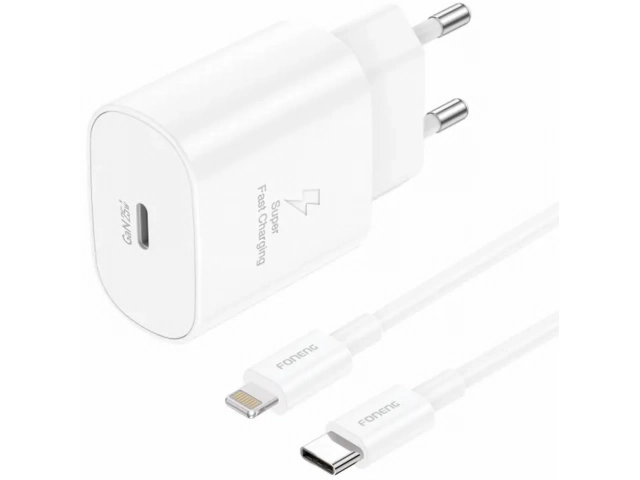 Cargador de pared Foneng EU51 25W con puerto USB-C Power Delivery y cable USB-C a Lightning para iPhone incluido. Pack de carga rápida. Avlis Uruguay.