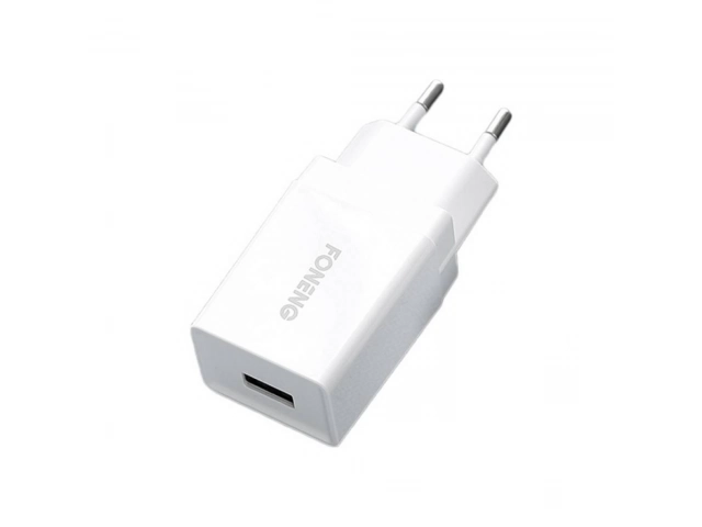 Cargador de pared Foneng K210 con doble puerto USB-A y salida total de 2.1A. Carga eficiente y segura para tus dispositivos. Color blanco. Avlis Uruguay