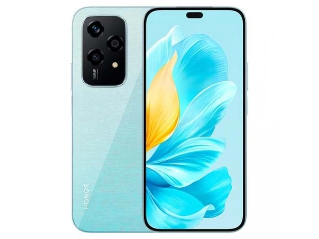 Smartphone Honor 200 Lite Cyan Lake (Azul) con 256GB de almacenamiento y cámara de 108MP, disponible en Avlis Uruguay.