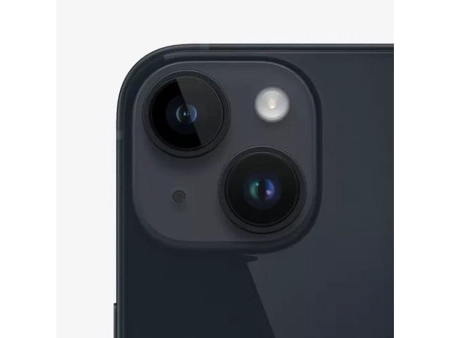 Detalle de la cámara principal del iPhone 14 128GB Midnight con grabación en 4K