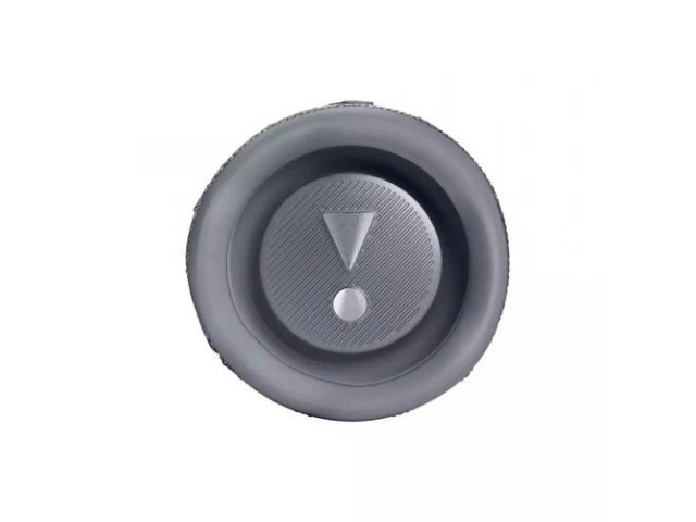 Vista lateral del JBL Flip 6 gris, resaltando su estructura compacta y resistente.