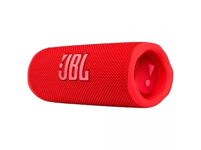 Imagen del JBL Flip 6 rojo en posición inclinada, resaltando su portabilidad.