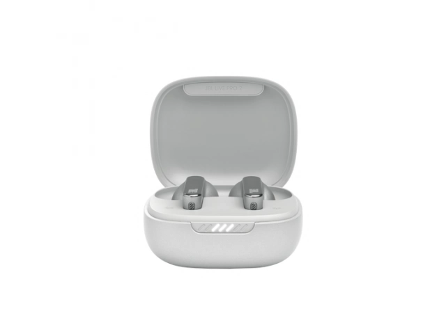 Auriculares JBL Live PRO 2 White vistos de frente, diseño moderno y estilizado.