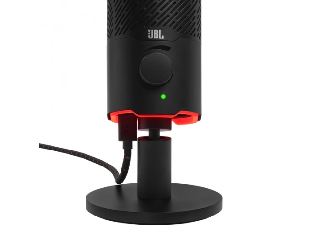 Micrófono USB JBL Quantum Stream color negro para streaming y gaming, con patrones polares seleccionables, vista frontal, en Avlis, San Carlos, Uruguay.