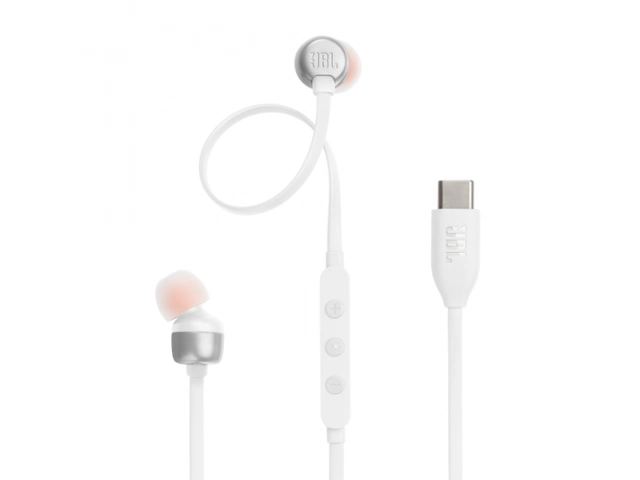 Auriculares JBL Tune 310C Black vistos de frente, diseño in-ear moderno y discreto