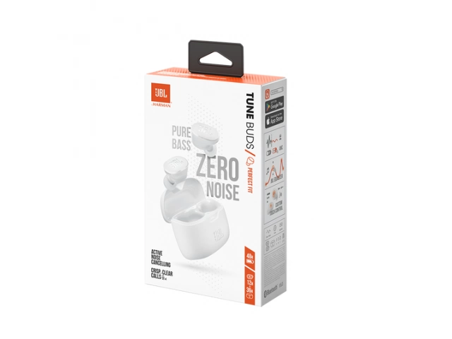 JBL Tune Buds blancos TWS con Cancelación de Ruido Activa y Smart Ambient para control del entorno, venta en Avlis Uruguay.