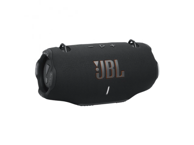 Vista superior del JBL Xtreme 4 Black mostrando los botones de control y la correa de transporte.%u200B