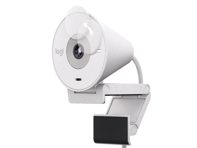 Vista lateral de la webcam Logitech Brio 300 con diseño moderno y compacto