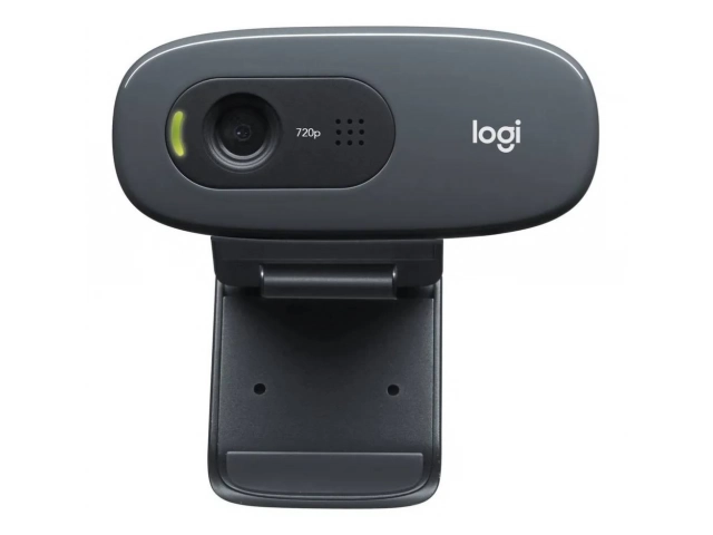 Webcam Logitech C270 HD vista frontal con lente HD y clip de montaje