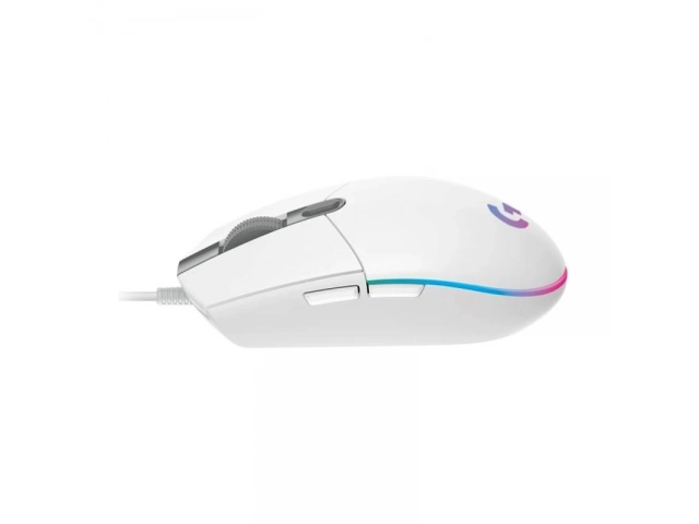 Vista lateral del Logitech G203 en color blanco con diseño ergonómico