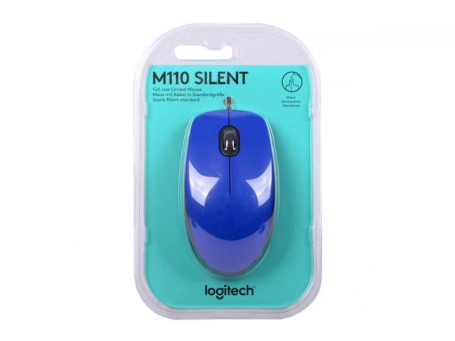 Mouse Logitech M110 Silent azul utilizado en un ambiente de oficina, ideal por sus clics silenciosos y diseño ergonómico.