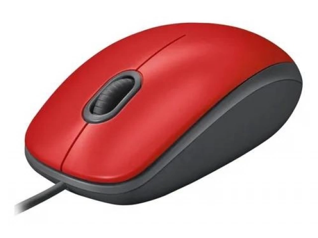 Mouse Logitech M110 Silent Rojo en un escritorio, destacando su diseño de tamaño completo y color vibrante en Uruguay