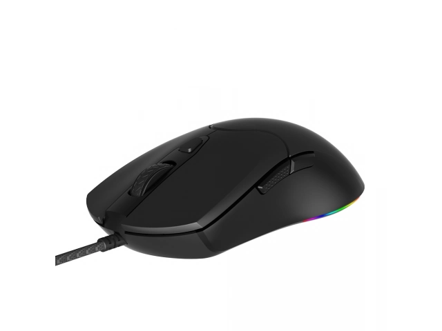 Vista lateral del Meetion GM21, muestra su forma ergonómica y botones laterales.