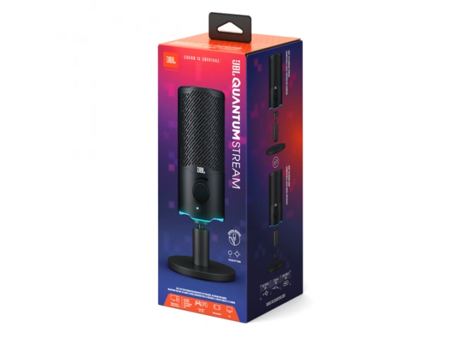 Micrófono JBL Quantum Stream negro con su soporte de escritorio ajustable y reversible, en Avlis Maldonado.