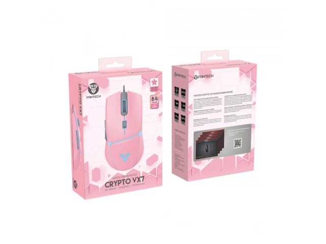 El mouse Fantech VX7 en color Rosa (Pink) combina alto rendimiento gamer (6400 DPI) y estilo. Diseño ergonómico con 6 botones y cable trenzado duradero.