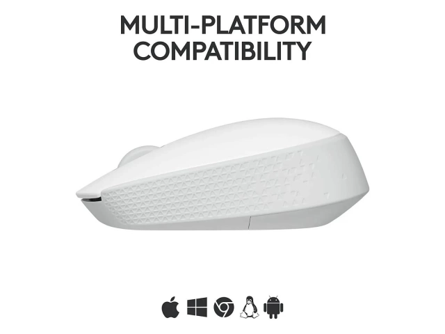 Vista lateral del mouse inalámbrico Logitech M170 blanco, compacto y ergonómico.