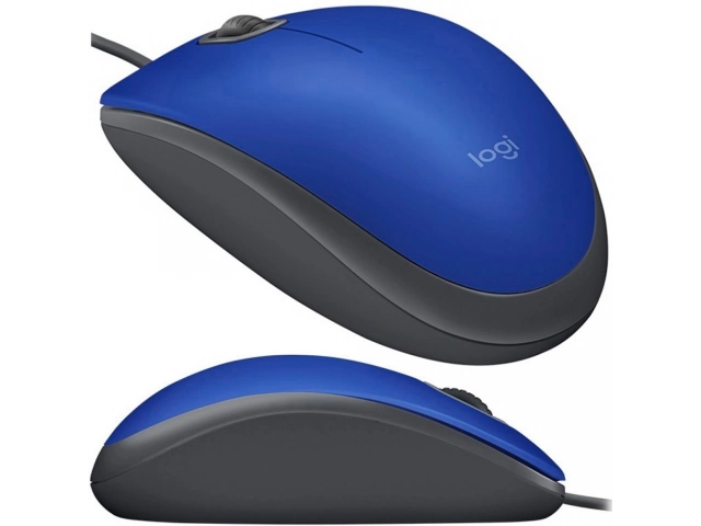 Mouse con cable Logitech M110 Silent color azul, diseño ambidiestro de tamaño completo, en Avlis Uruguay.
