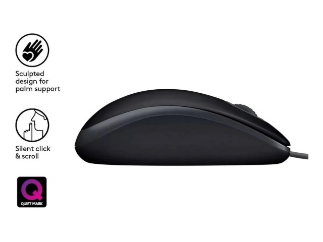 Vista lateral del Mouse Logitech M110 con forma ambidiestra y cómoda.