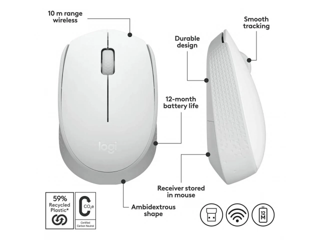 Detalle de la rueda de desplazamiento del mouse Logitech M170 blanco.