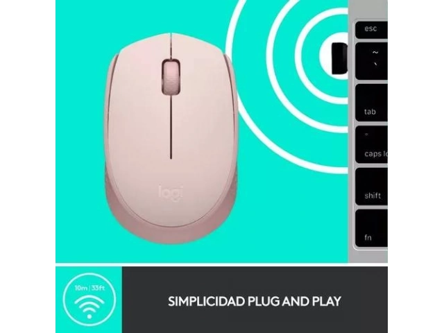 Mouse Logitech M170 rosado junto al receptor USB