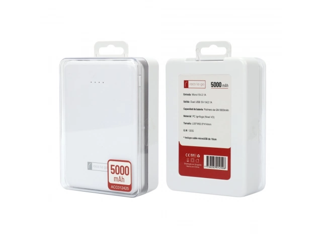 Mantén tus dispositivos cargados con el Powerbank ROCA TO GO 5000mAh. Doble USB (1A 2.1A) para carga eficiente. ¡No te quedes sin batería!